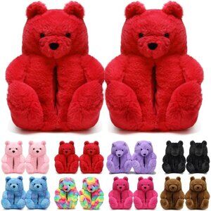 Women's Cute Fuzzy Red Teddy Bear Slippers Cozy Cartoon Indoor Shoes